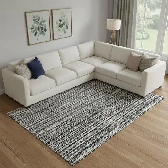 Black And Ivory Striped Washable Area Rug With UV Protection Photo 1