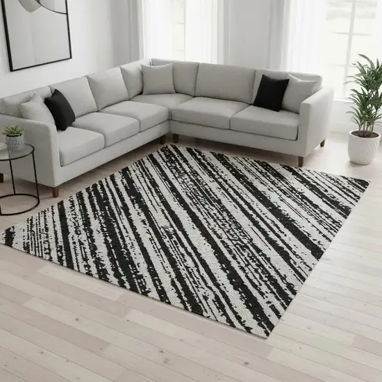 Black And Ivory Striped Washable Area Rug With UV Protection Photo 2