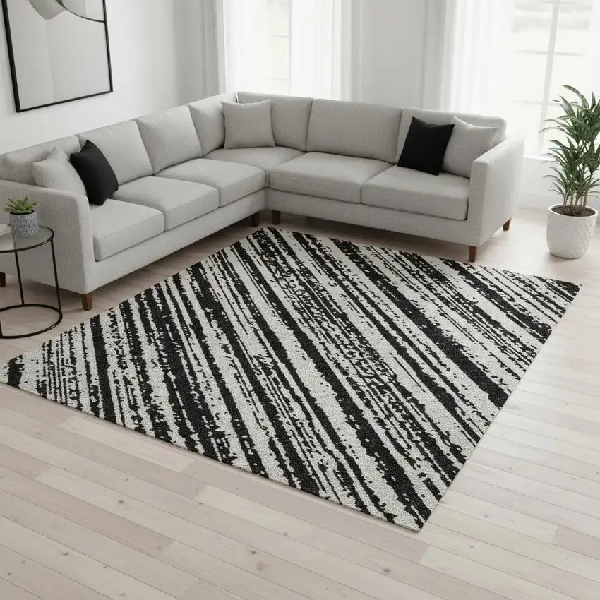 Black And Ivory Striped Washable Area Rug With UV Protection Photo 2