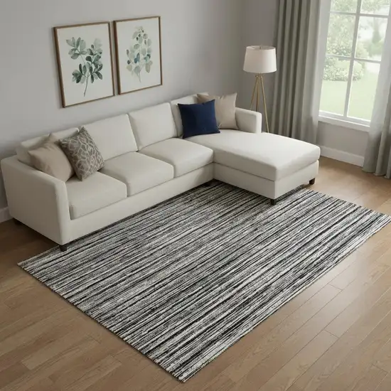 Black And Ivory Striped Washable Area Rug With UV Protection Photo 1