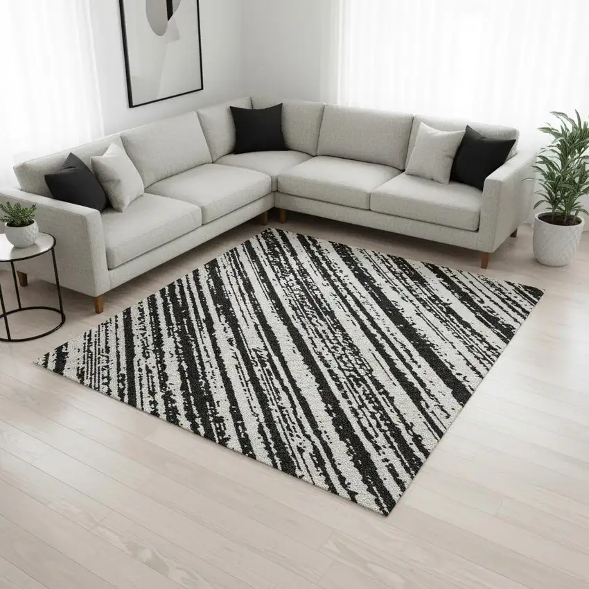 Black And Ivory Striped Washable Area Rug With UV Protection Photo 2
