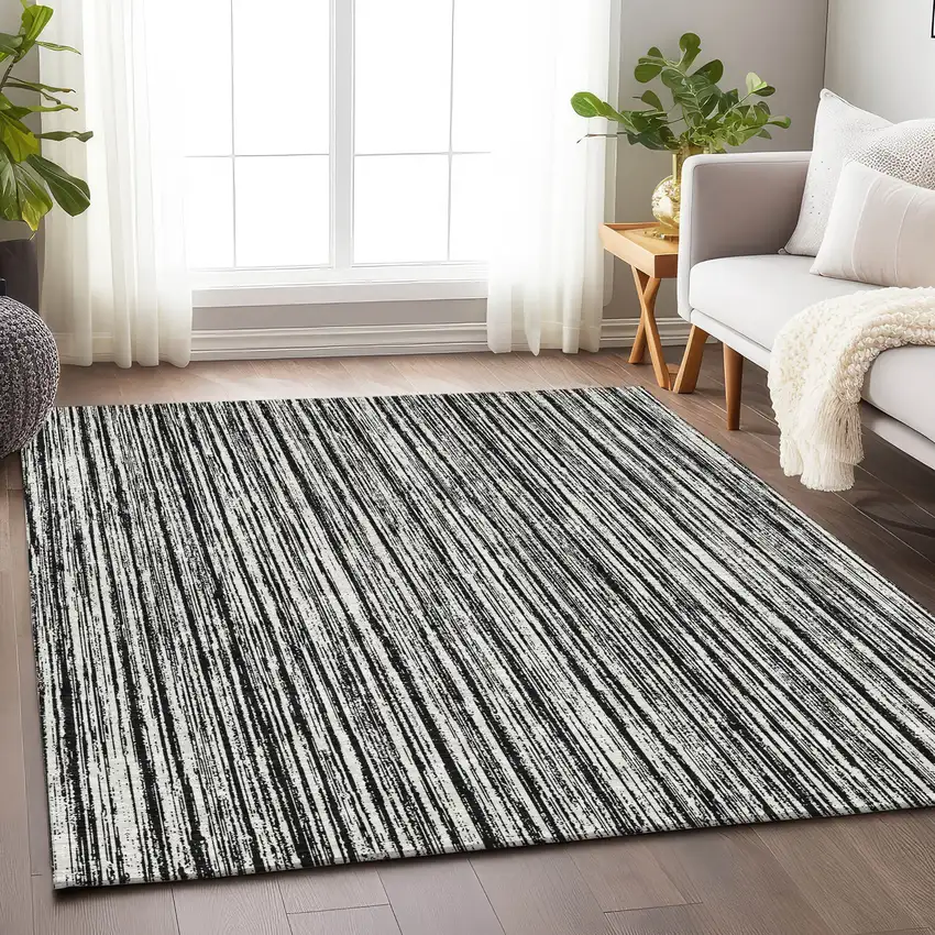 Black And Ivory Striped Washable Area Rug With UV Protection Photo 4