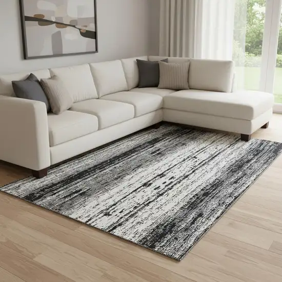 Black And Ivory Striped Washable Area Rug With UV Protection Photo 1