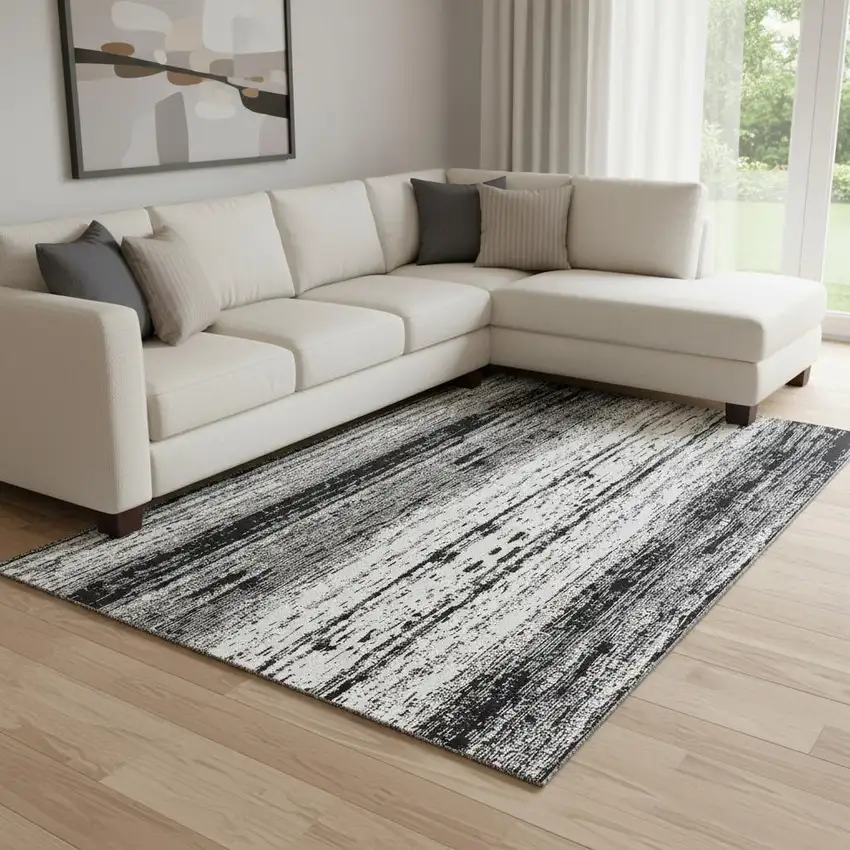 Black And Ivory Striped Washable Area Rug With UV Protection Photo 1
