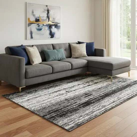 Black And Ivory Striped Washable Area Rug With UV Protection Photo 1