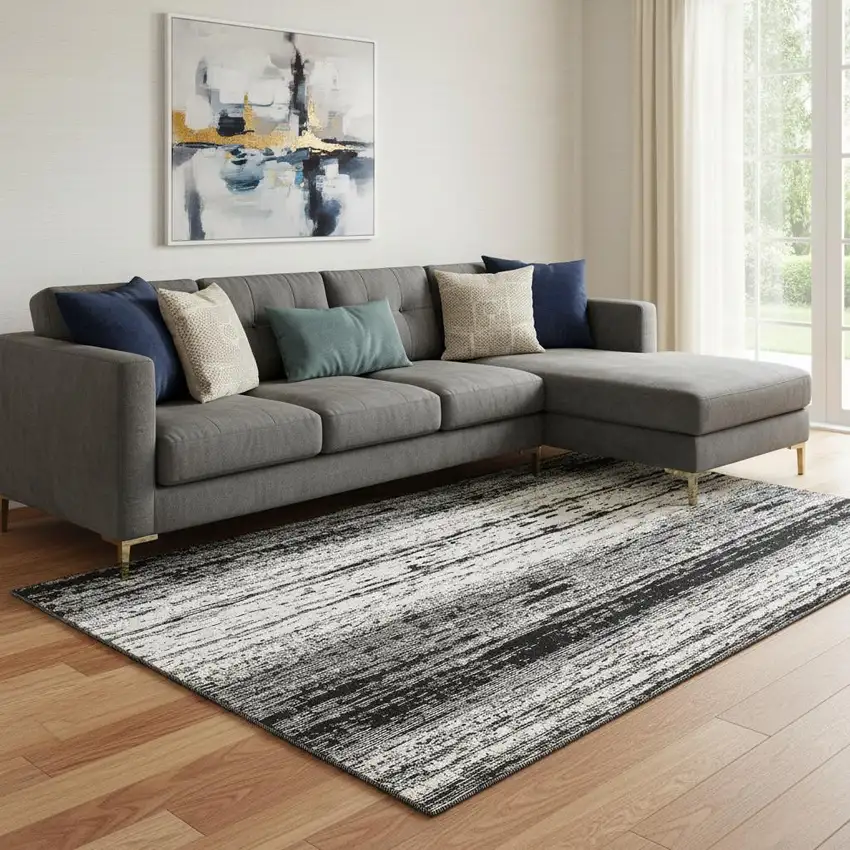 Black And Ivory Striped Washable Area Rug With UV Protection Photo 1