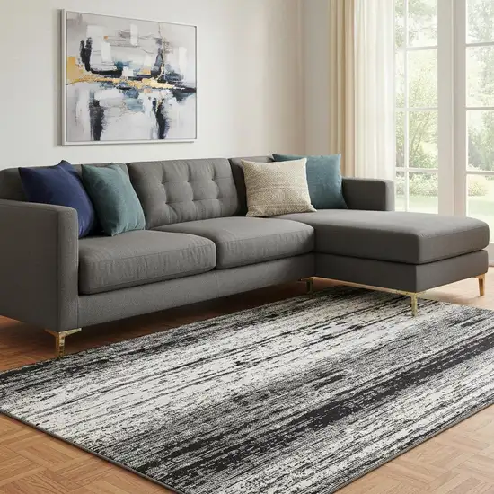 Black And Ivory Striped Washable Area Rug With UV Protection Photo 1