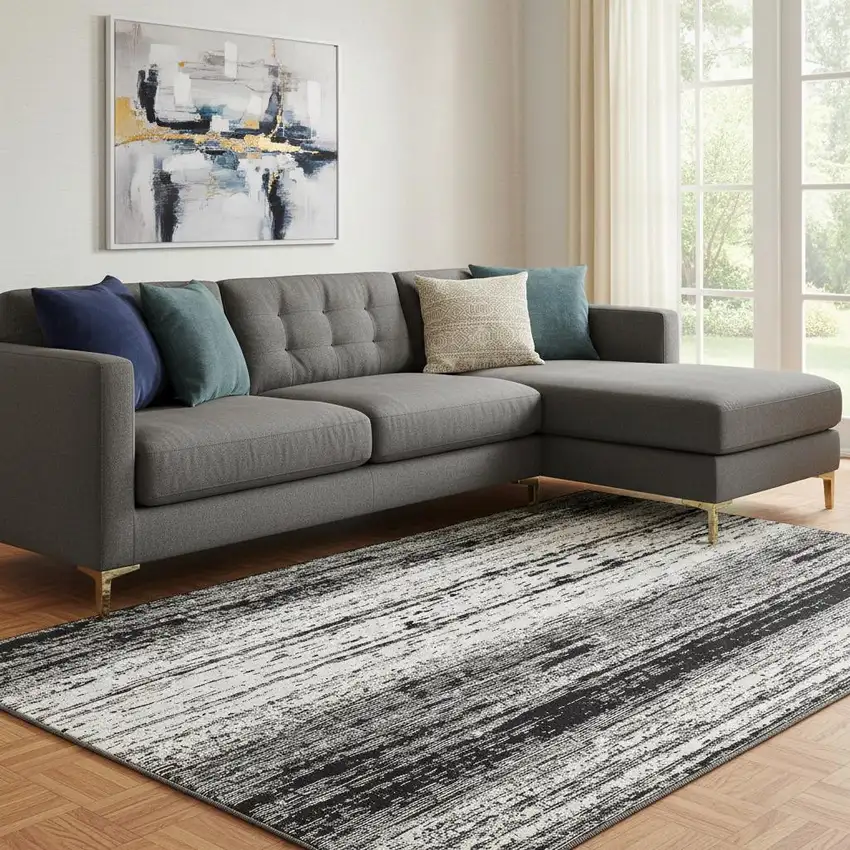 Black And Ivory Striped Washable Area Rug With UV Protection Photo 1