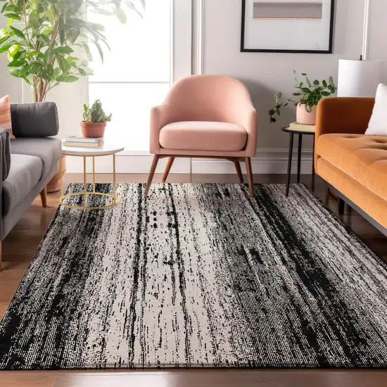 Black And Ivory Striped Washable Area Rug With UV Protection Photo 5