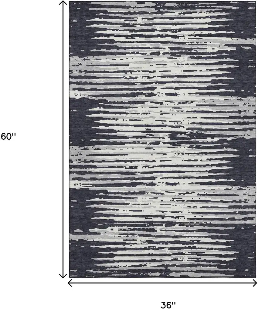 Black And Ivory Striped Washable Area Rug With UV Protection Photo 3