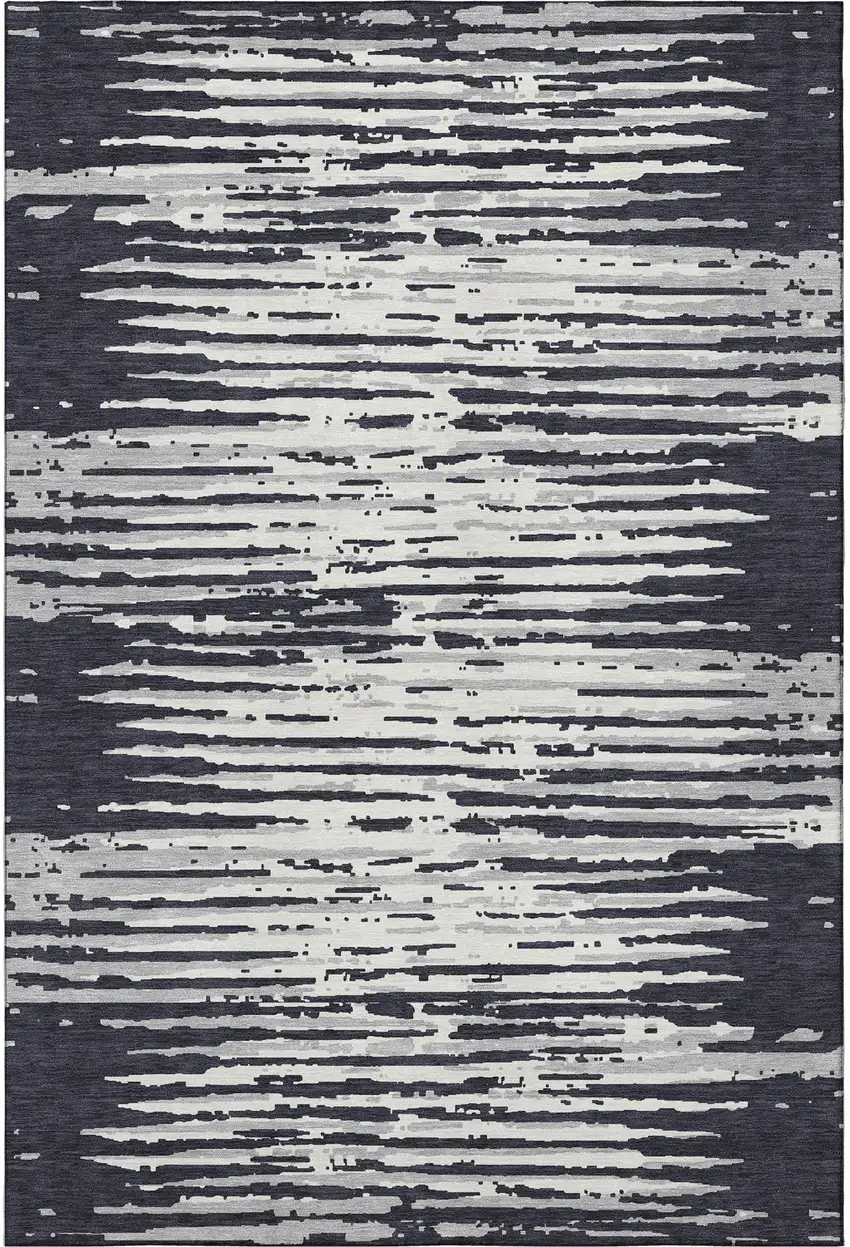 Black And Ivory Striped Washable Area Rug With UV Protection Photo 4