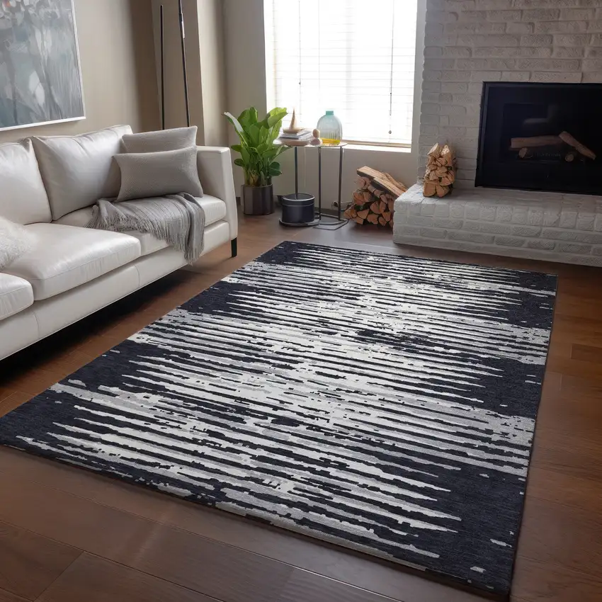 Black And Ivory Striped Washable Area Rug With UV Protection Photo 6