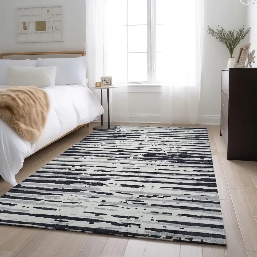 Black And Ivory Striped Washable Area Rug With UV Protection Photo 4