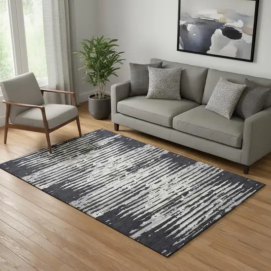 Black And Ivory Striped Washable Area Rug With UV Protection Photo 1