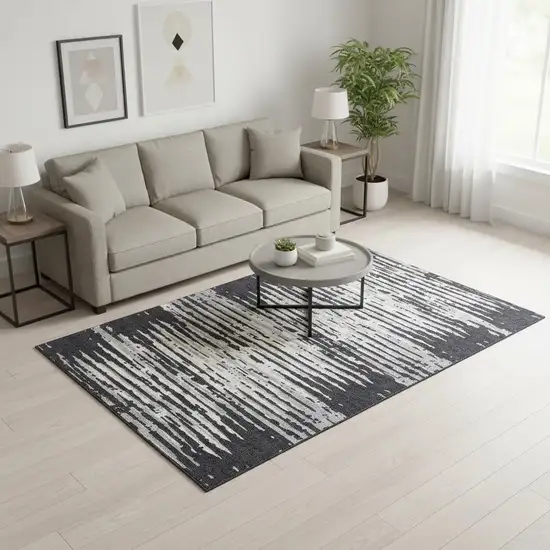 Black And Ivory Striped Washable Area Rug With UV Protection Photo 2