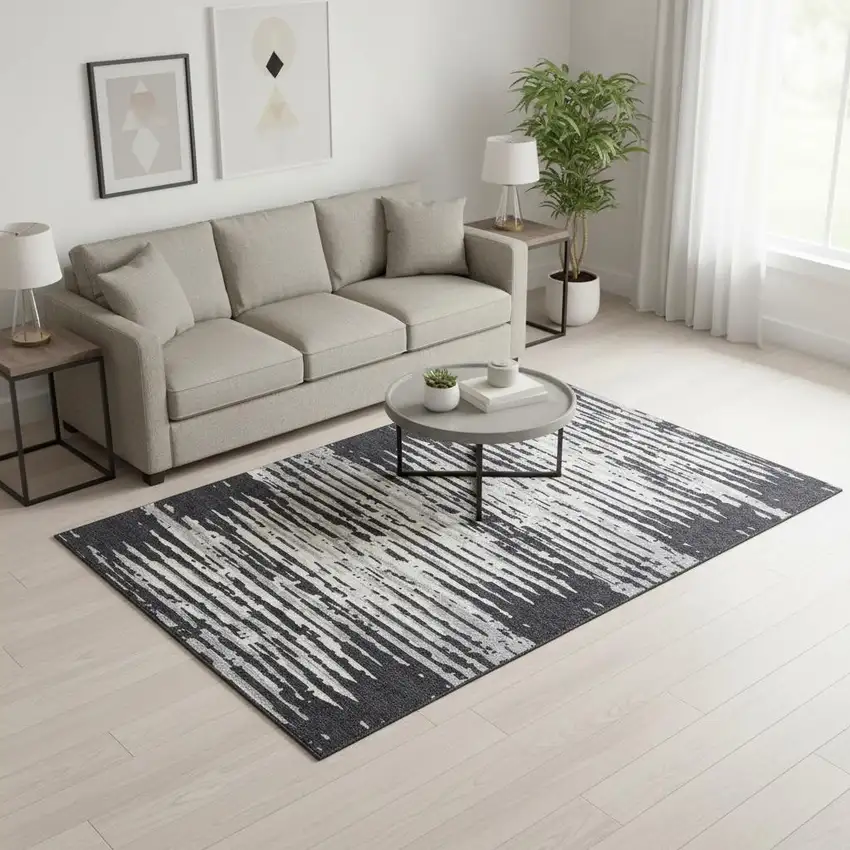Black And Ivory Striped Washable Area Rug With UV Protection Photo 2