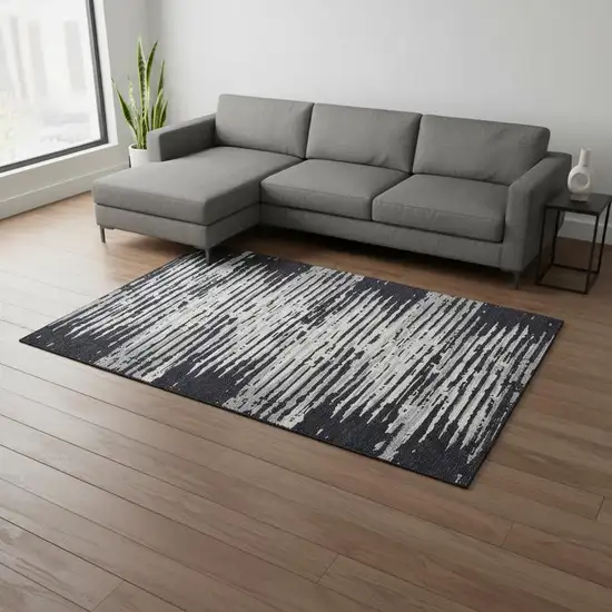 Black And Ivory Striped Washable Area Rug With UV Protection Photo 2