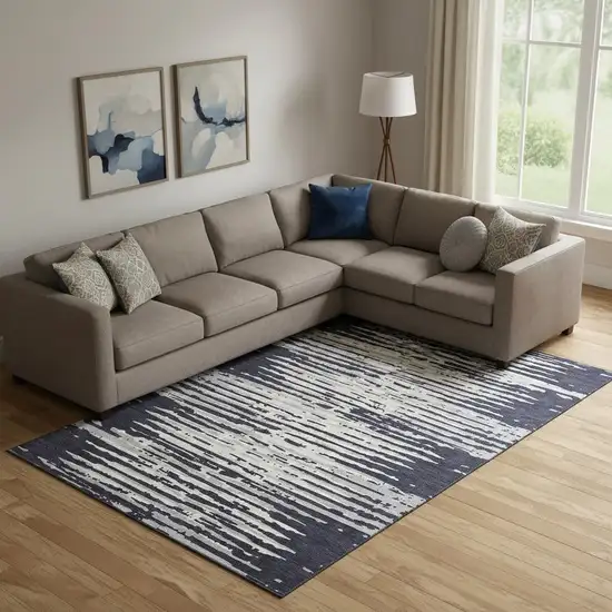 Black And Ivory Striped Washable Area Rug With UV Protection Photo 1