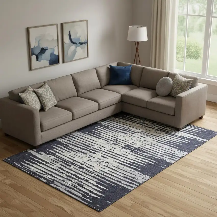 Black And Ivory Striped Washable Area Rug With UV Protection Photo 1