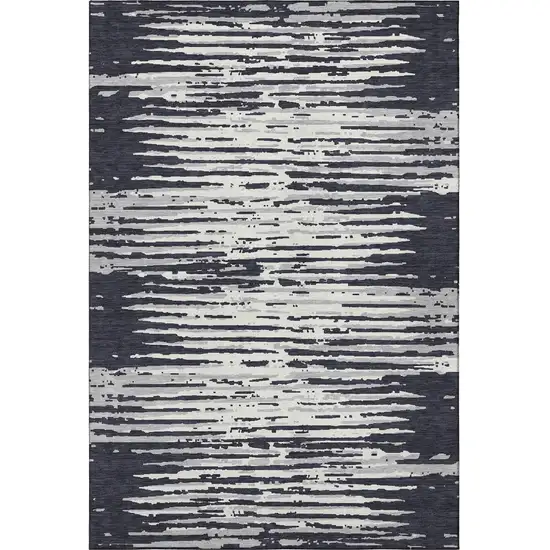 Black And Ivory Striped Washable Area Rug With UV Protection Photo 3
