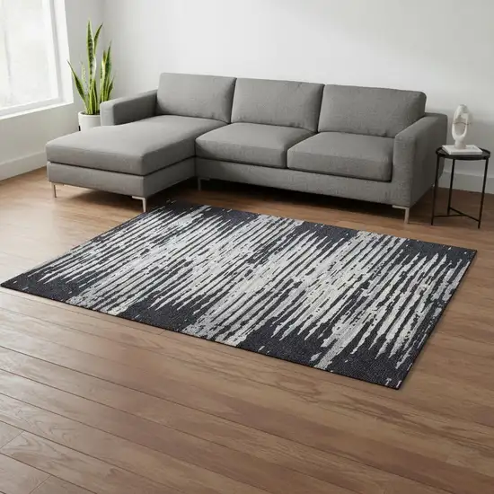 Black And Ivory Striped Washable Area Rug With UV Protection Photo 2
