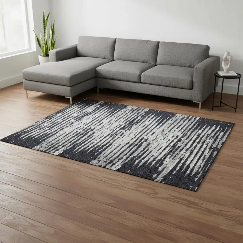 Black And Ivory Striped Washable Area Rug With UV Protection Photo 2