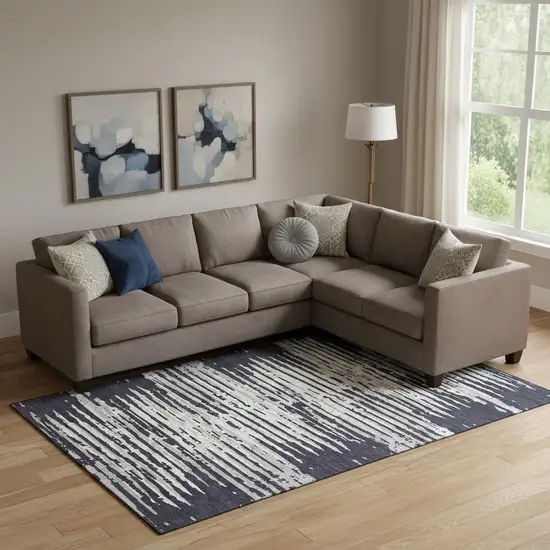 Black And Ivory Striped Washable Area Rug With UV Protection Photo 1