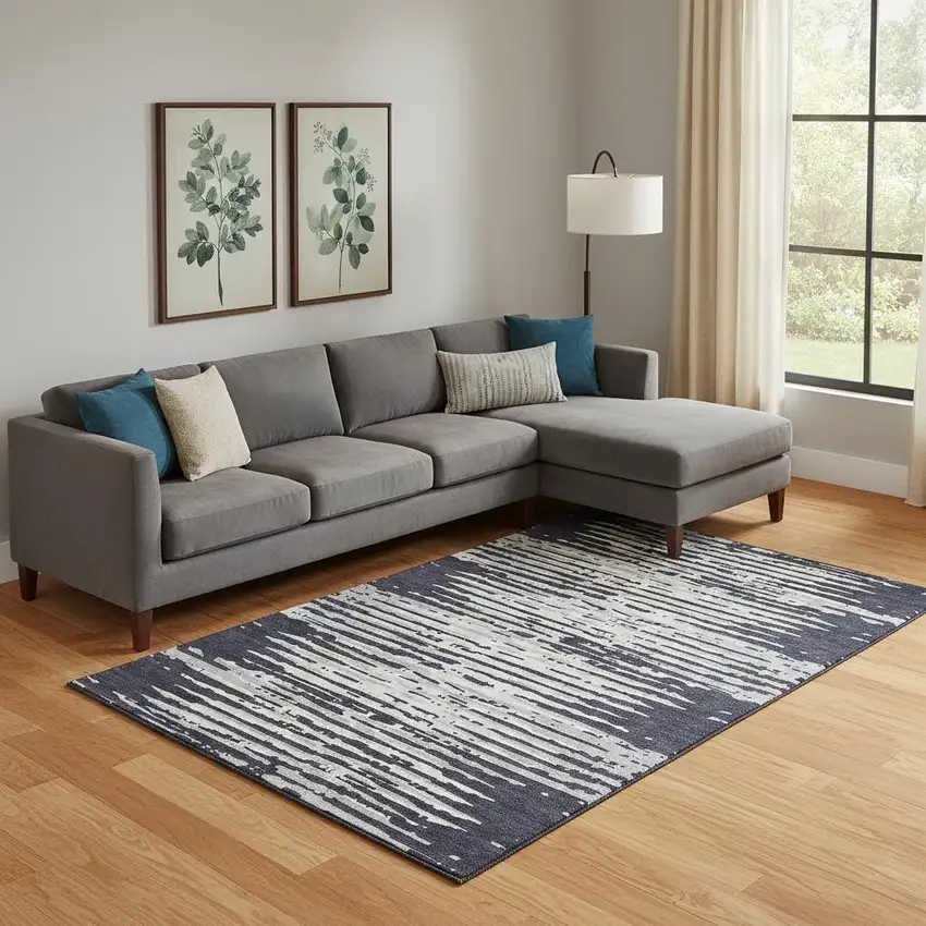 Black And Ivory Striped Washable Area Rug With UV Protection Photo 1