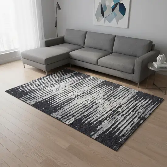 Black And Ivory Striped Washable Area Rug With UV Protection Photo 2