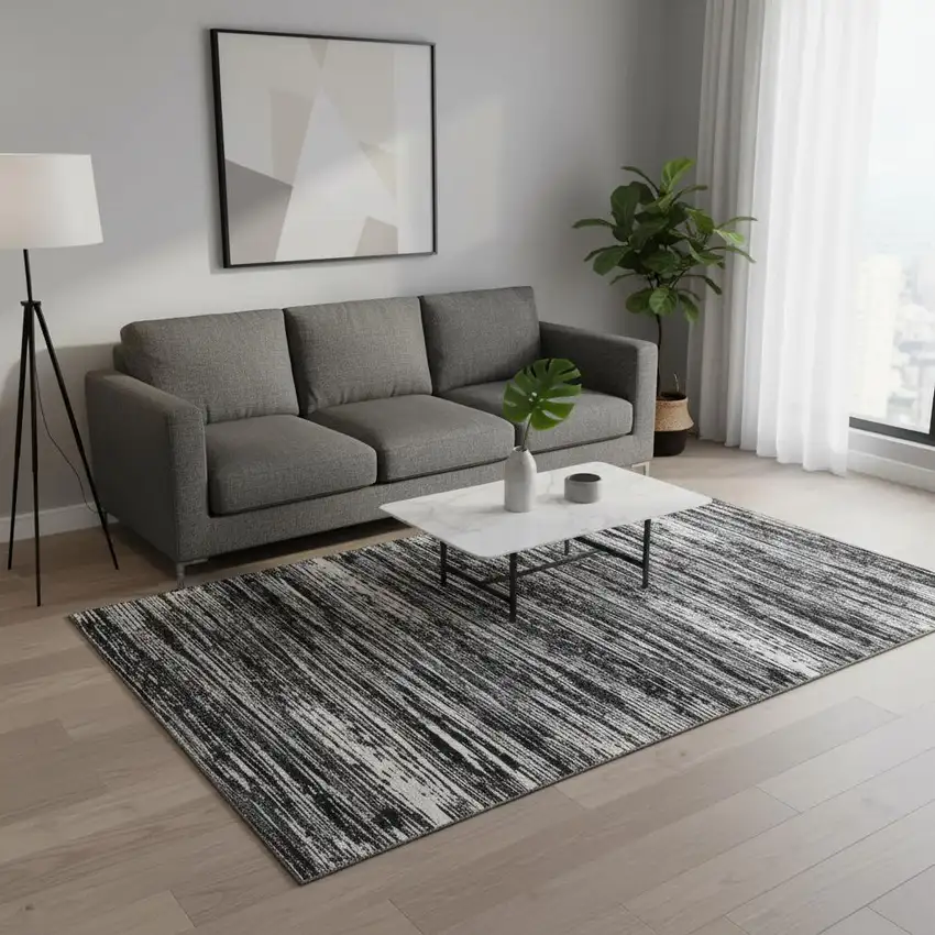 Black And Ivory Striped Washable Area Rug With UV Protection Photo 2