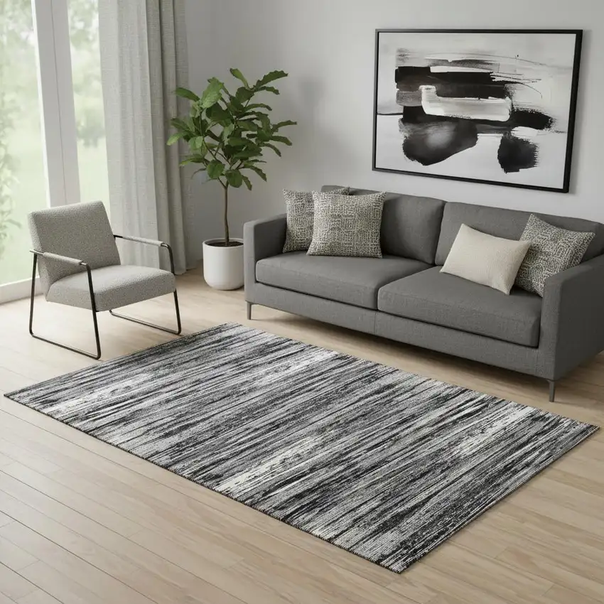 Black And Ivory Striped Washable Area Rug With UV Protection Photo 1