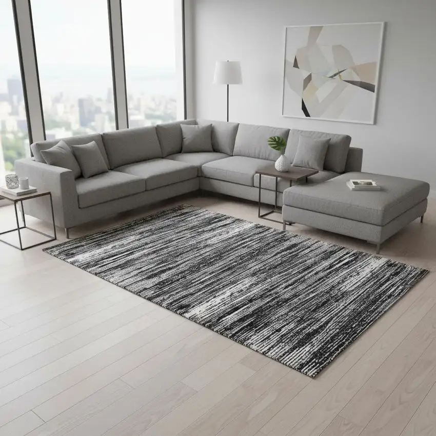 Black And Ivory Striped Washable Area Rug With UV Protection Photo 2