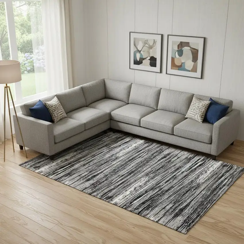 Black And Ivory Striped Washable Area Rug With UV Protection Photo 1