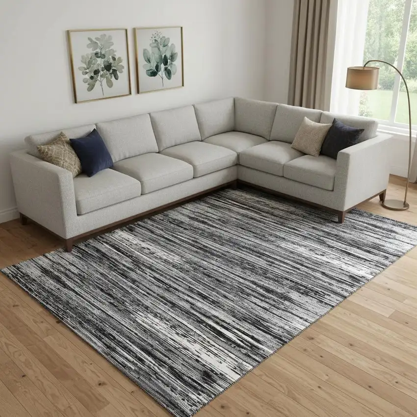 Black And Ivory Striped Washable Area Rug With UV Protection Photo 1