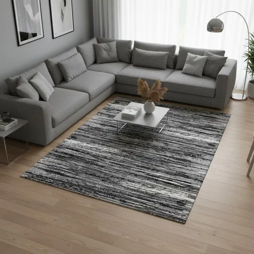 Black And Ivory Striped Washable Area Rug With UV Protection Photo 2