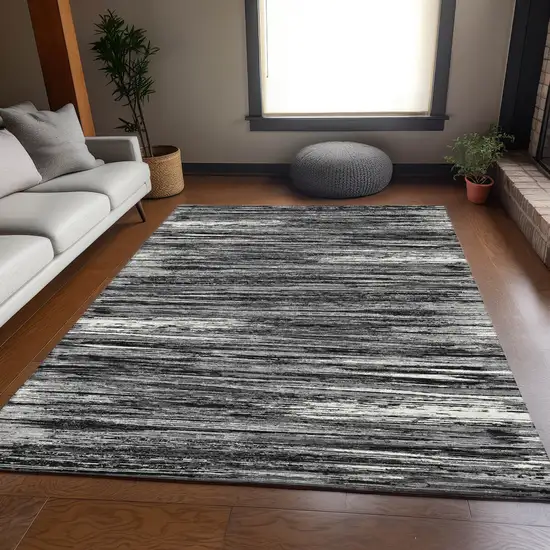 Black And Ivory Striped Washable Area Rug With UV Protection Photo 6