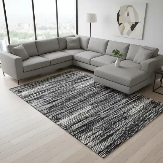 Black And Ivory Striped Washable Area Rug With UV Protection Photo 2