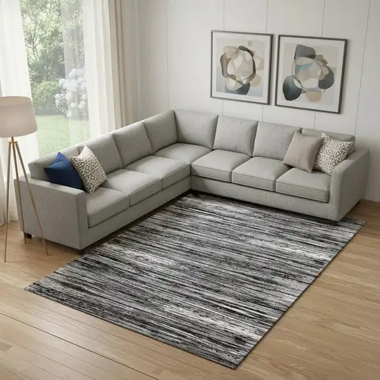 Black And Ivory Striped Washable Area Rug With UV Protection Photo 1