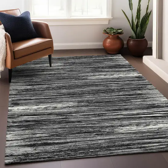 Black And Ivory Striped Washable Area Rug With UV Protection Photo 5