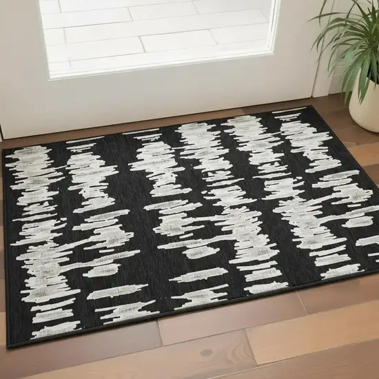 Black And Ivory Striped Washable Area Rug With UV Protection Photo 2