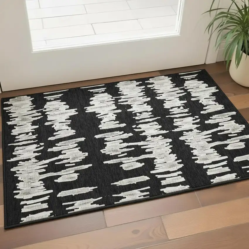 Black And Ivory Striped Washable Area Rug With UV Protection Photo 2