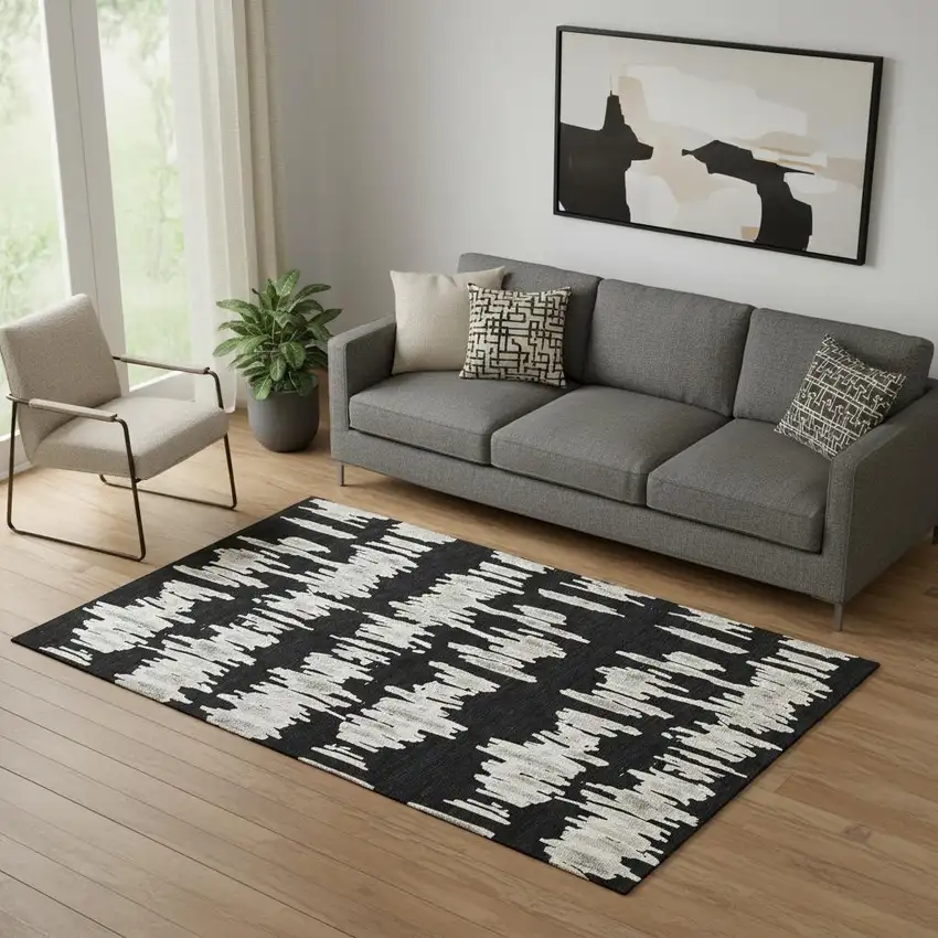 Black And Ivory Striped Washable Area Rug With UV Protection Photo 1