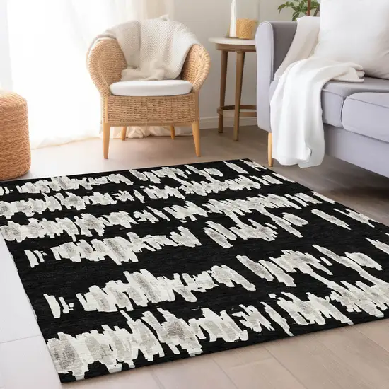 Black And Ivory Striped Washable Area Rug With UV Protection Photo 5
