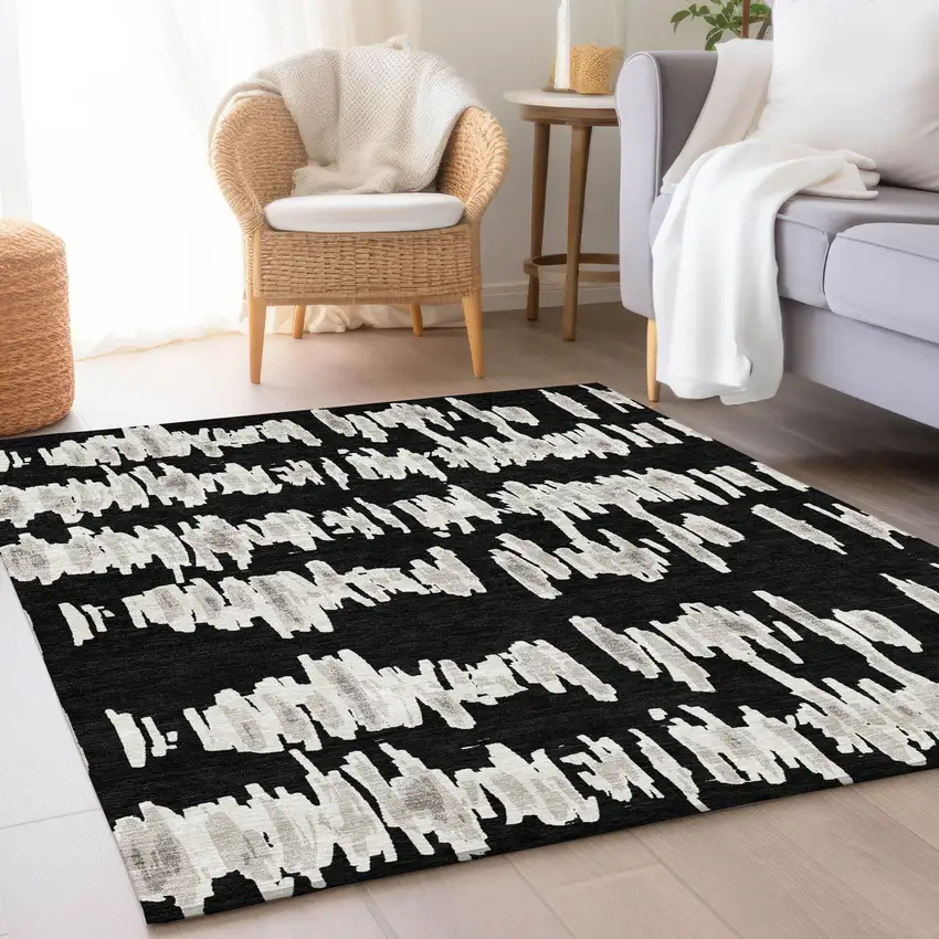 Black And Ivory Striped Washable Area Rug With UV Protection Photo 5