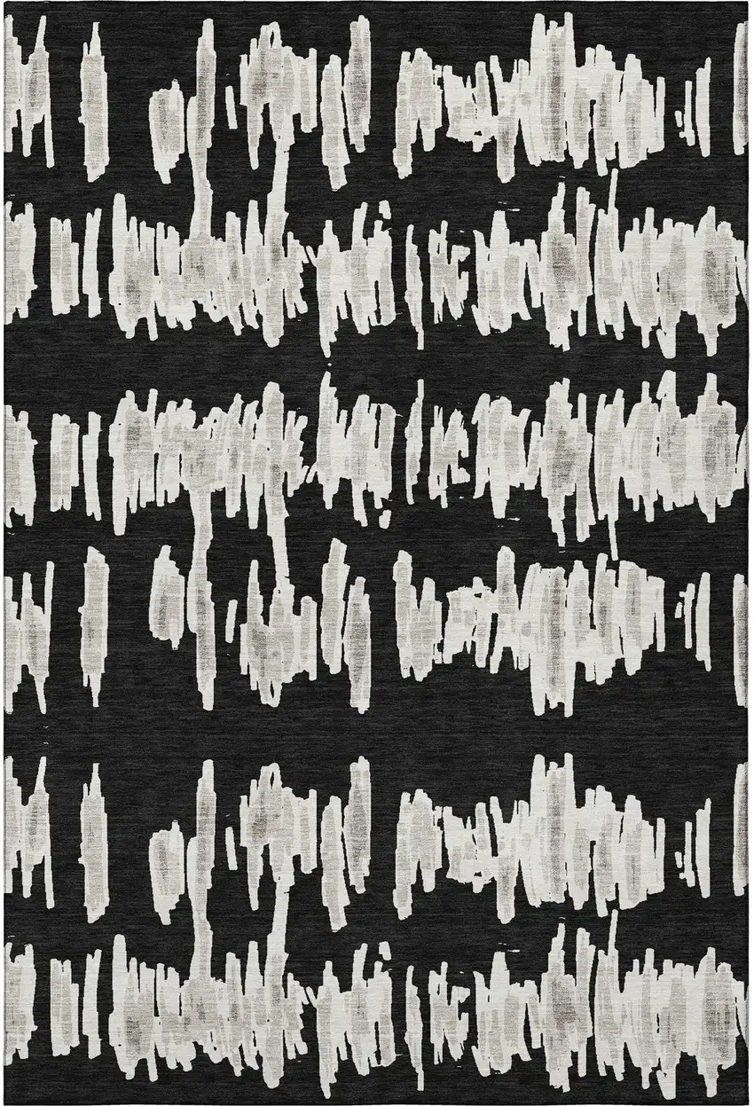 Black And Ivory Striped Washable Area Rug With UV Protection Photo 4