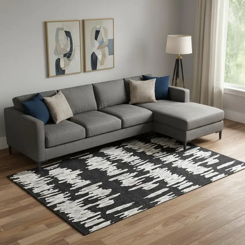 Black And Ivory Striped Washable Area Rug With UV Protection Photo 1