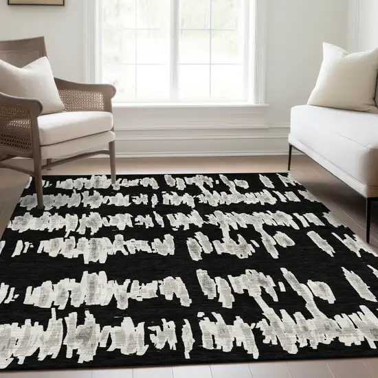 Black And Ivory Striped Washable Area Rug With UV Protection Photo 6