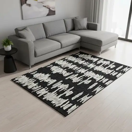 Black And Ivory Striped Washable Area Rug With UV Protection Photo 2
