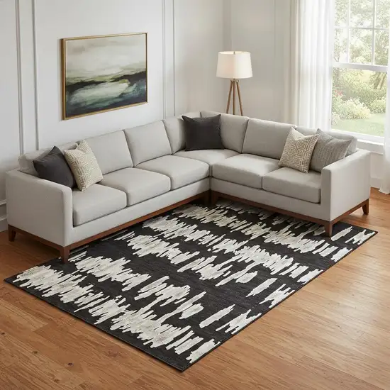 Black And Ivory Striped Washable Area Rug With UV Protection Photo 1
