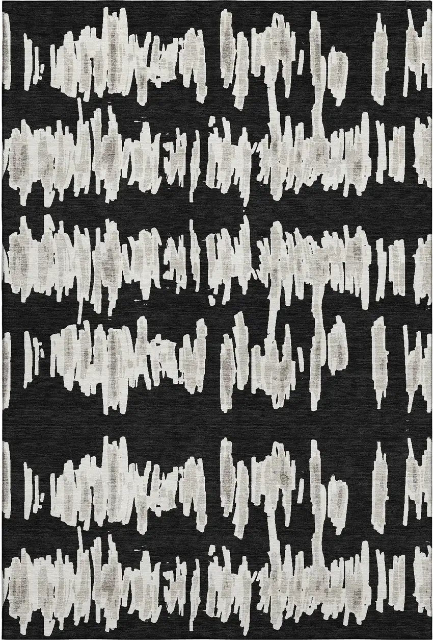 Black And Ivory Striped Washable Area Rug With UV Protection Photo 1